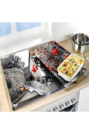 Cam Ocak Koruyucu Ve Kesim Tablası Kırmızı Çiçekler (80cm X 52cm) 2 Parça, 5'li Ocaklar
